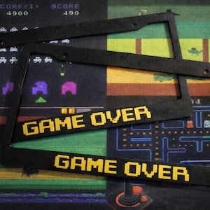 Gamer Over in 8 Bit  - Black with Various Colors -  License Plate Frame - Quantity 2 - Gamer Game Geek Games Love controller