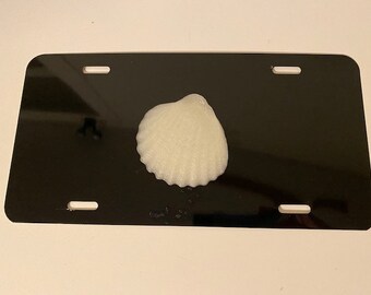 Sea Shell in 3D Version - Glow in the DARK  - License Plate INSERT Black w WHITE Automotive License Plate Frame - Jaws Surfs Up