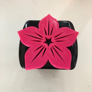 Può includere: Un fiore di plastica rosa con un ritaglio a forma di stella al centro, su un quadrato nero.