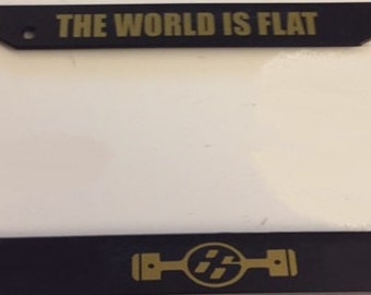 JDM The World is Flat - Pistons Boxster Engine   - Black with Gold Automotive License Plate Frame