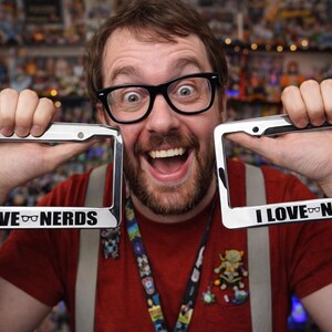 I Love Nerds with Nerd Glasses  - Chrome w Colors License Plate Frame - Quantity 2 - Gamer Game Geek - Smart Smarty Geeky Geeks