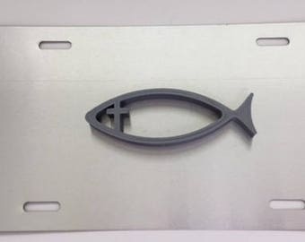 Christian Jesus Fish in Style 3D Version - Unique  - License Plate INSERT Grey with Grey Automotive License Plate Frame - God Love Peace