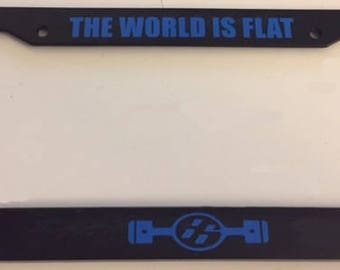 JDM The World is Flat - Pistons Boxster Engine   - Black with Blue  Automotive License Plate Frame