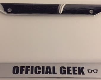 Official Geek with Nerd Glasses  - Chrome License Plate Frame - Gamer Game Geek