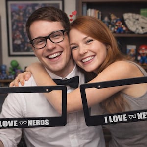 I Love Nerds with Nerd Glasses  - Black w Various Colors License Plate Frame - Gamer Game Geek - Math Love Reading Book Club - Heart