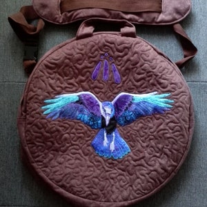 Shamanic Drum Bags, custom made, Goddess, Wolf, Stonehenge, Raven, Mandala. Quilt. hand bag, shoulder bag. image 6