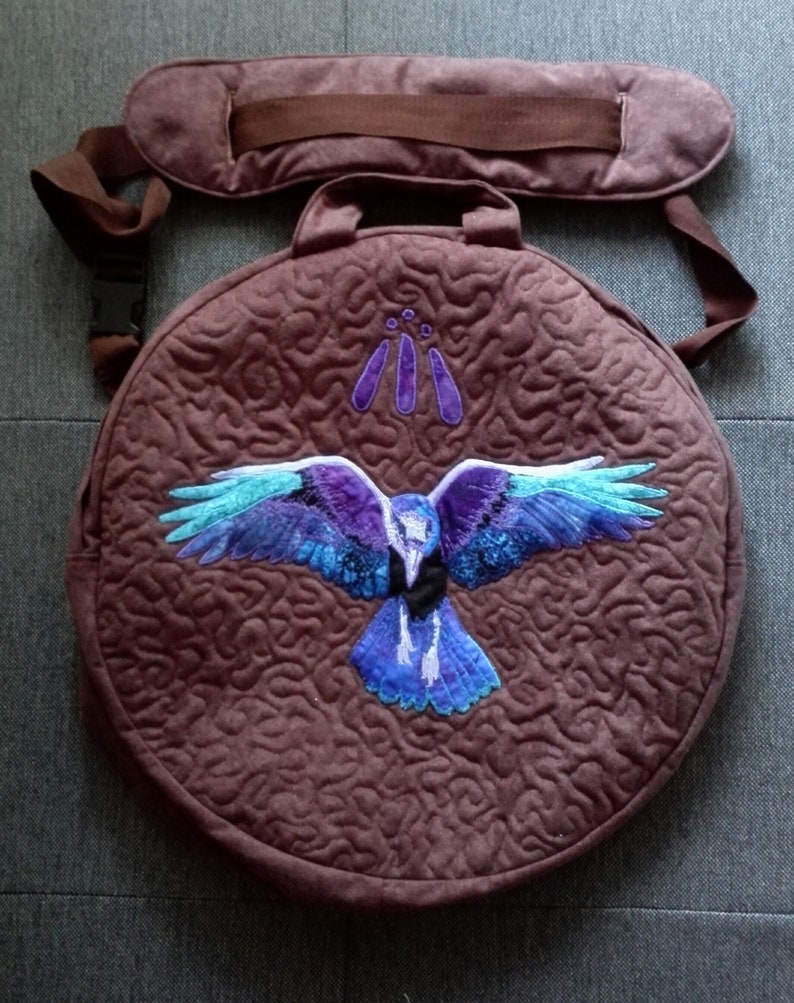 Shamanic Drum Bags, custom made, Goddess, Wolf, Stonehenge, Raven, Mandala. Quilt. hand bag, shoulder bag. image 6