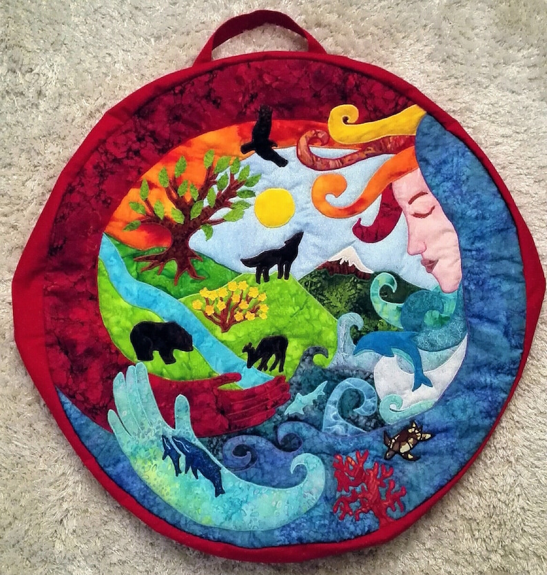Shamanic Drum Bags, custom made, Goddess, Wolf, Stonehenge, Raven, Mandala. Quilt. hand bag, shoulder bag. image 1