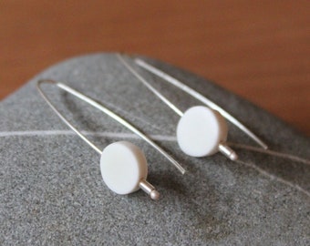 Round white porcelain and sterling silver earrings, contemporary minimalist ceramic drop earrings for women