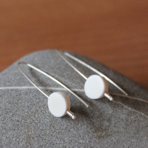 White round porcelain and sterling silver earrings, contemporary minimalist ceramic women&#39;s drop earrings