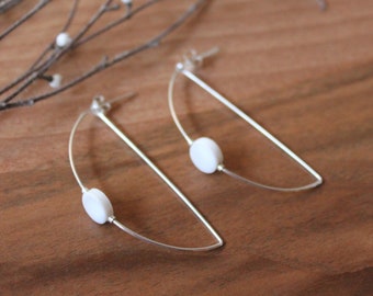 925 silver and porcelain porcelain earrings enamelled in white, contemporary minimalist arch earrings design for women