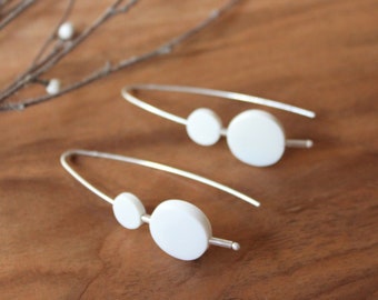 White earrings in 925 silver and porcelain ceramic, minimalist geometric pendants