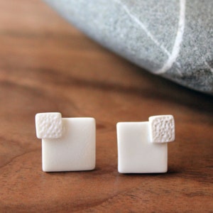 Stud earrings // silver studs // sterling silver // ceramic, porcelain square, white, geometric, minimalist, handmade