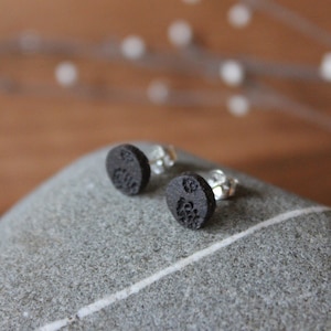 Round matte black sandstone earrings, ceramic studs for men or women I 925 silver stud earrings image 1