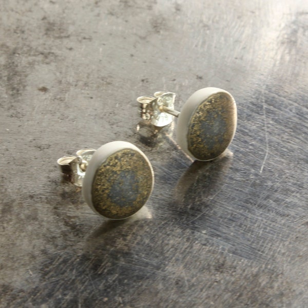 Puces rondes mordorées en porcelaine et argent 925, Clous  boucles d'oreilles en céramique