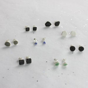 Round matte black sandstone earrings, ceramic studs for men or women I 925 silver stud earrings image 3