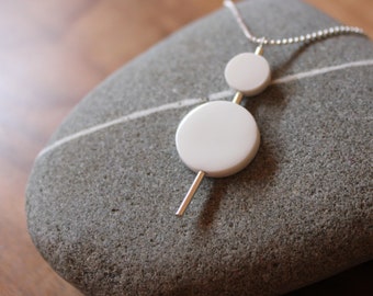 925 white porcelain and silver round necklace, contemporary minimalist geometric ceramic pendant