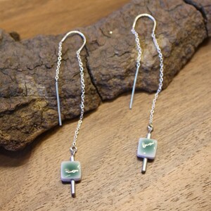Silver and ceramic porcelain earrings square or round I enameled in green I contemporary minimalist pendants