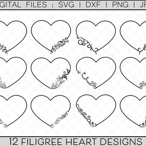 Fancy Filigree Hearts, Heart Outlines, Hearts SVG, Hearts PNG, Heart DXF, Digital Heart Graphics for Cricut