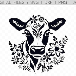Boho Floral Cow Head SVG Clipart Vector, DXF file for Laser, Plasma, Metal Wall Decor, Farm Animal png, Vinyl Sticker, Stencil, Cricut