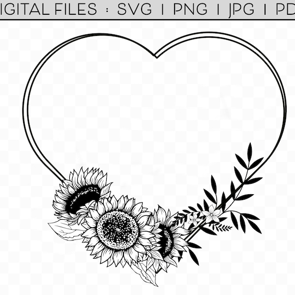 Heart Shaped Sunflower Frame svg, Blank Frame svg, Heart Frame with Flowers and Leaves svg, Floral Monogram Cricut Cut File, Silhouette svg