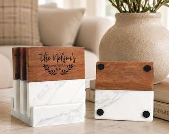 Custom Engraved Marble Acacia Wood Coasters | Personalized Set with Display Base