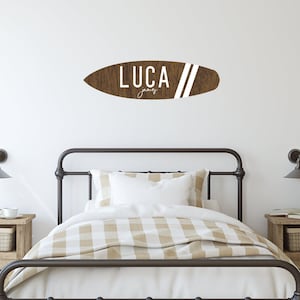 Wooden surfboard name sign, personalized surfboard, printed name sign custom surf board name sign, kids boys room decor inspiration, surfer