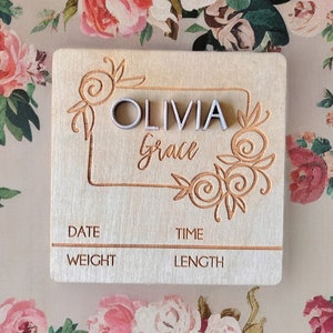 Floral Baby Name Sign: Birch Wood Newborn Announcement Plaque
