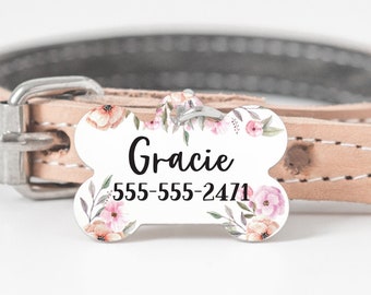 Pet id tag, custom dog tag, double sided dog tag, dog id tag, floral dog tag, floral dog name tag, pretty dog name tag, girl dog id tag