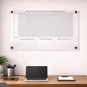 May include: A clear acrylic performance board with the text "TROPIC AIRE TECHNICIAN CALLBACK PERFORMANCE BOARD". The board is mounted on a white wall above a wooden desk. A laptop, tablet, and notepad are on the desk.