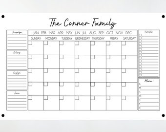 May include: A white dry-erase calendar with the text "The Conner Family" at the top. The calendar includes a monthly grid with spaces for each day of the week, a to-do list, and a menu section.