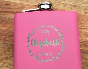 Bridesmaid Gift, Personalized Engraved Bridesmaid Flask, Personalized Groomsman Flask, Wedding Party Flask, Pink Bridesmaid Flask, Hip Flask