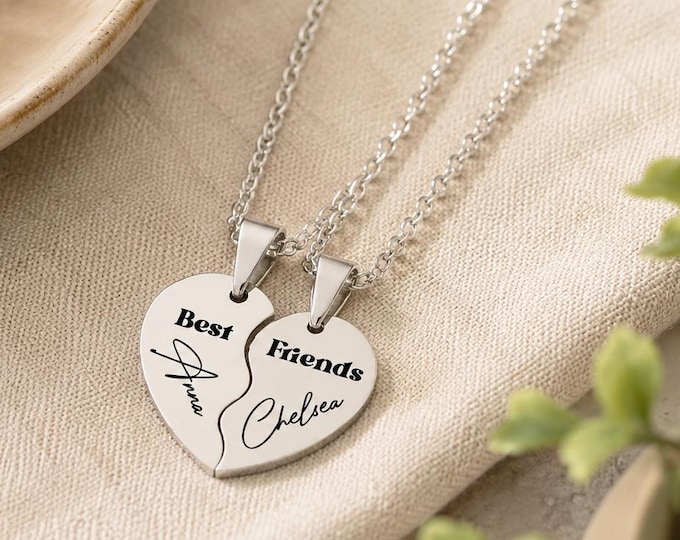 Engraved Best Friend Heart Necklace Set, Personalized BFF Gift