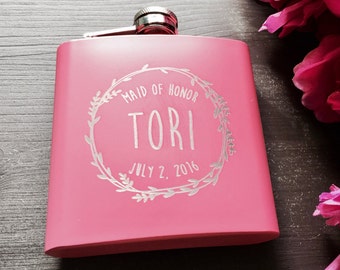 Bridesmaid Gift, Personalized Engraved Bridesmaid Flask, Personalized Groomsman Flask, Wedding Party Flask, Pink Bridesmaid Flask, Hip Flask