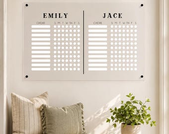 Personalized Acrylic Chore Chart: Two Kids, Dry Erase, Wall Mounted