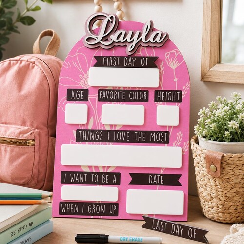 Wildflower First Day of School Sign: Dry Erase, Interchangeable Name