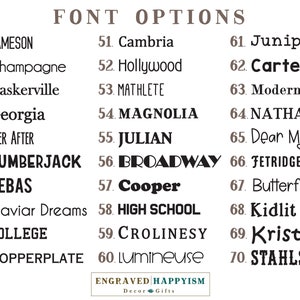 May include: A list of 70 different font options for engraving. The fonts are listed in numerical order from 41 to 70. The fonts are displayed in a variety of styles, including serif, sans-serif, script, and handwritten.