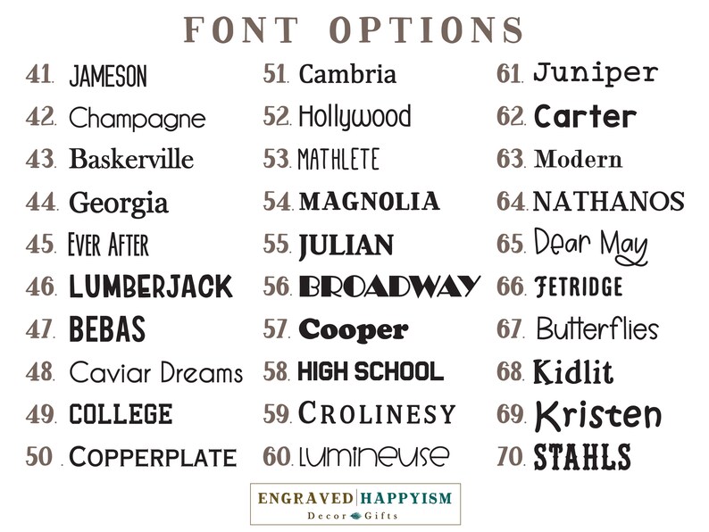 May include: A list of 70 different font options for engraving. The fonts are listed in numerical order from 41 to 70. The fonts are displayed in a variety of styles, including serif, sans-serif, script, and handwritten.