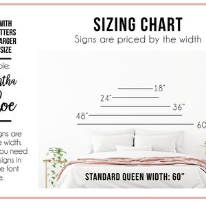 May include: A sizing chart for signs, showing different widths in inches, with a queen-sized bed in the background. The chart states that names with fewer letters will be larger in font size. The text "Samantha" and "Chloe" are shown as examples. The chart also states that signs are priced by the width.