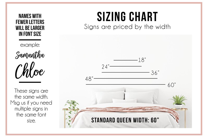 May include: A sizing chart for signs, showing different widths in inches, with a queen-sized bed in the background. The chart states that names with fewer letters will be larger in font size. The text "Samantha" and "Chloe" are shown as examples. The chart also states that signs are priced by the width.