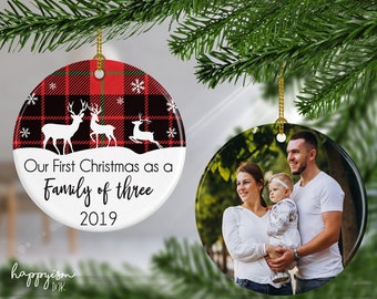 Family of three ornament, new baby ornament, family ornament, flannel ornament, our first christmas as a family of three, photo ornament