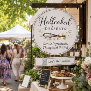 May include: A round white hanging sign with black text reading Halfcaked DESSERTS and Gentle Ingredients, Thoughtful Baking, featuring a whisk and floral illustration. Below, a rectangular sign reads Let's Get Social with a QR code.