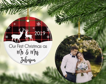 Our first christmas as mr and mrs , bridal shower gift, wedding gift, first christmas ornament, newlywed christmas ornament flannel ornament