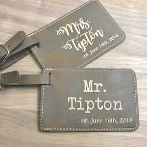 SALE Set of 2 Engraved luggage tags, leather luggage tag, wedding shower gift, leather tag, engraved leather tag, bride and groom gift