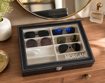 Engraved 8-Slot Sunglasses Case: Personalized Leather Eyeglass Box
