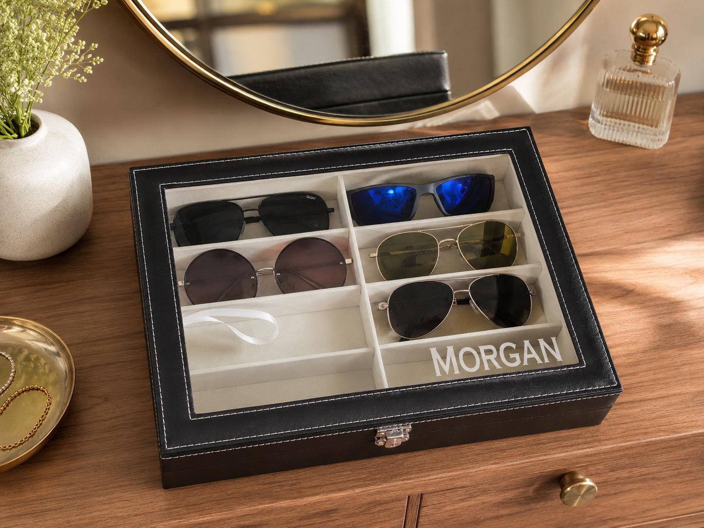 Engraved 8-Slot Sunglasses Case: Personalized Leather Eyeglass Box