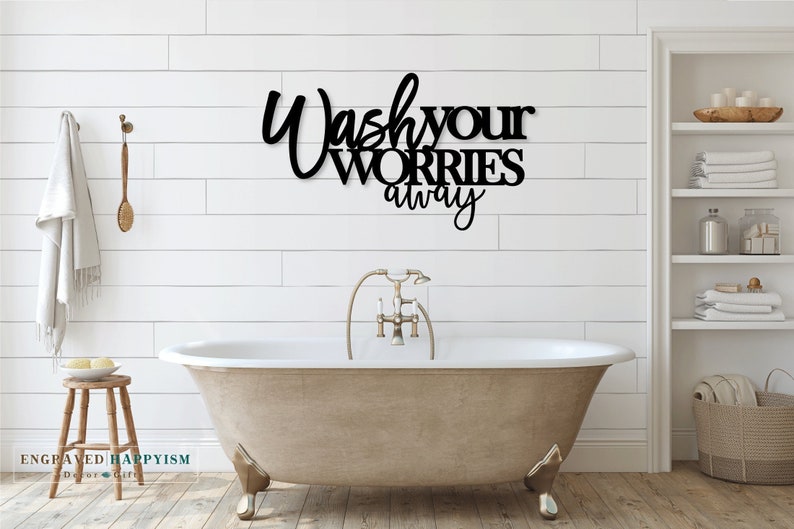 Wash your worries away wood sign, bathtub sign, bathtub decor, room decor, home decor, custom wood sign, home inspiration, wall decor image 1