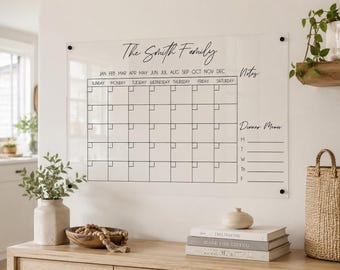 May include: A clear acrylic wall calendar featuring black printed text and grid lines. The top displays The Smith Family, followed by months, days of the week, a notes section, and a dinner menu with lines for Monday through Friday. Four black mounting standoffs secure the board.