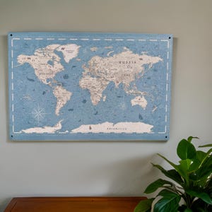 Adventure world map printed on cork, pushpins included, large map, pretty light neutral colors, travel gift, standoff screw wall mounted