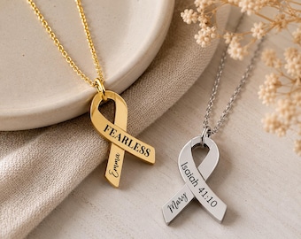 Personalized Cancer Ribbon Necklace: Engraved Stainless Steel Awareness Jewelry